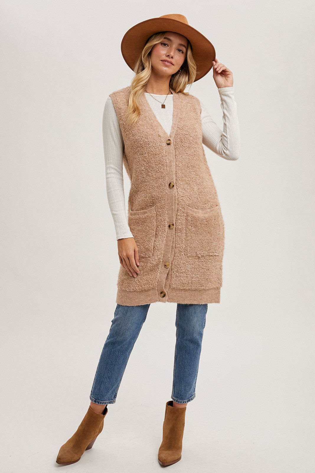 BUTTON DOWN V-NECK TEDDY KNIT VEST