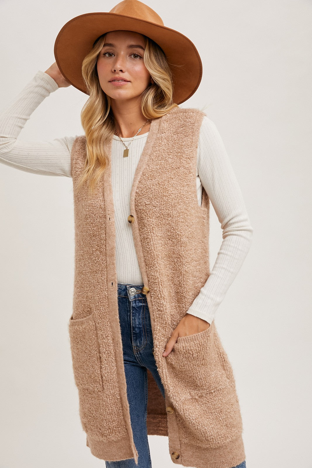 BUTTON DOWN V-NECK TEDDY KNIT VEST