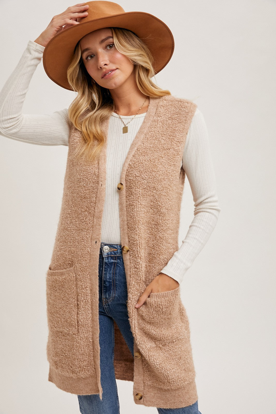 BUTTON DOWN V-NECK TEDDY KNIT VEST