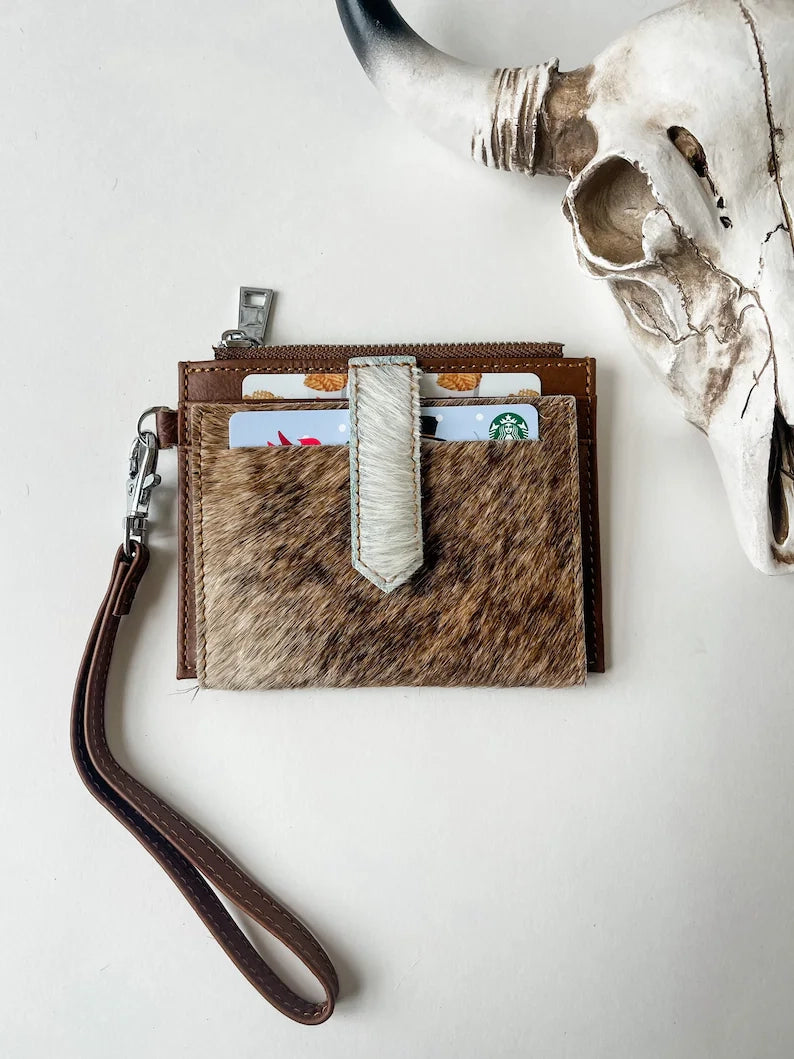 Western Cowhide Leather Wristlet Wallet Money Coins White Dark Brown