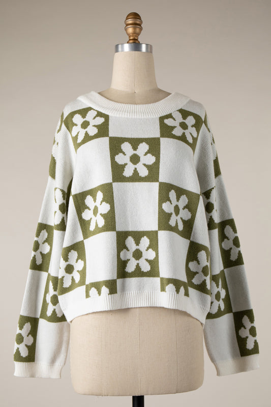 Checkered Flower Power Sweater