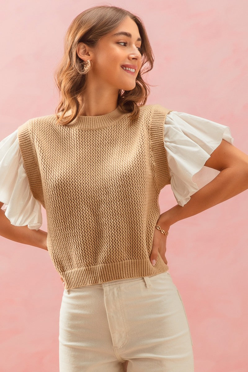 SWEATER KNIT VEST WITH BIG FLARED WOVEN SLEEVES