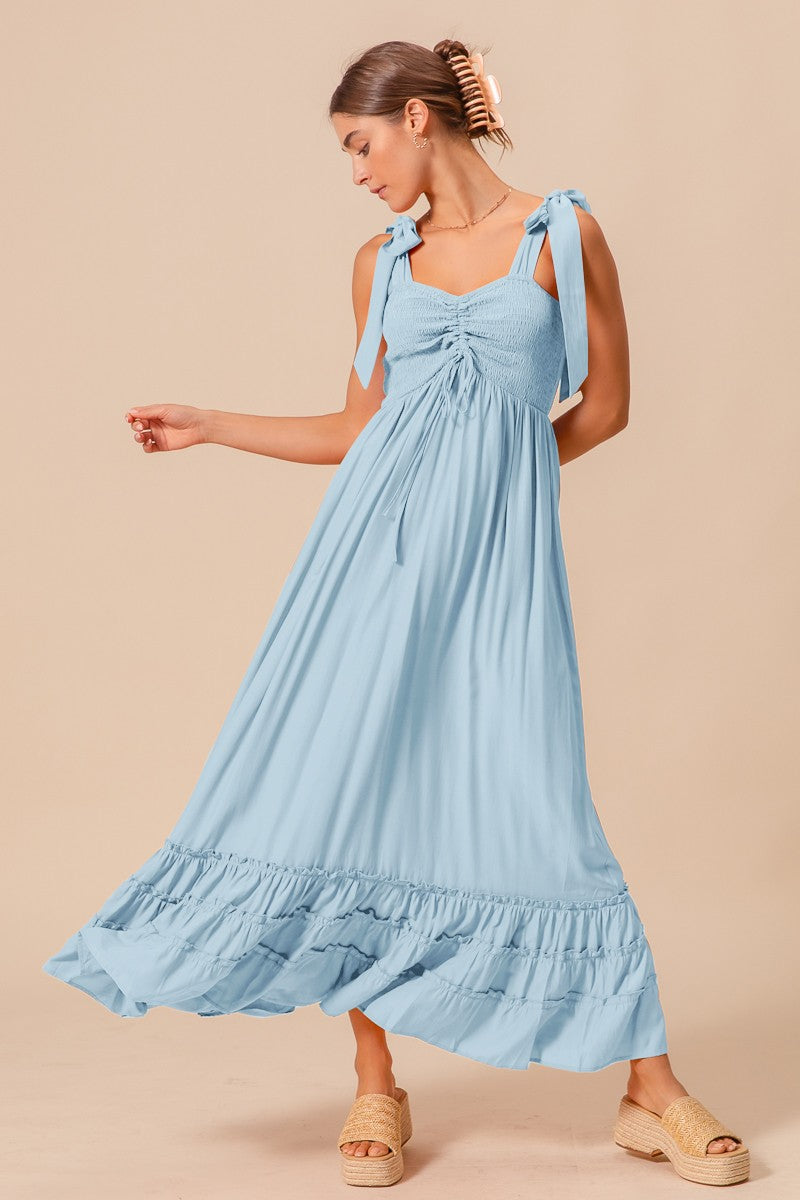 SMOCKED MAXI SUN DRESS WITH RIBBON TIE STRAP