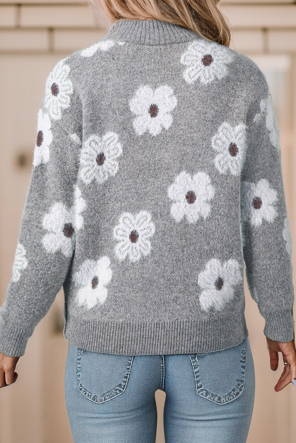 Floral Drop Shoulder Half Zip Sweater