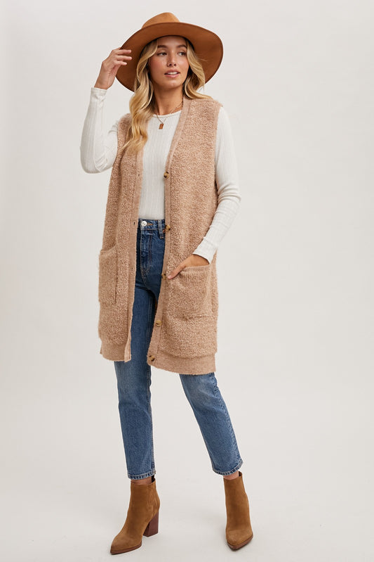 BUTTON DOWN V-NECK TEDDY KNIT VEST