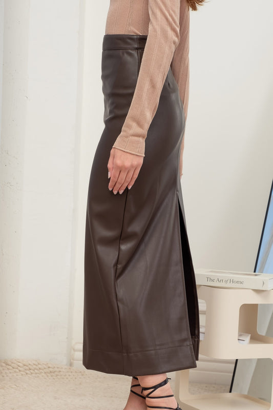 Faux Leather Back Slit Midi Skirt