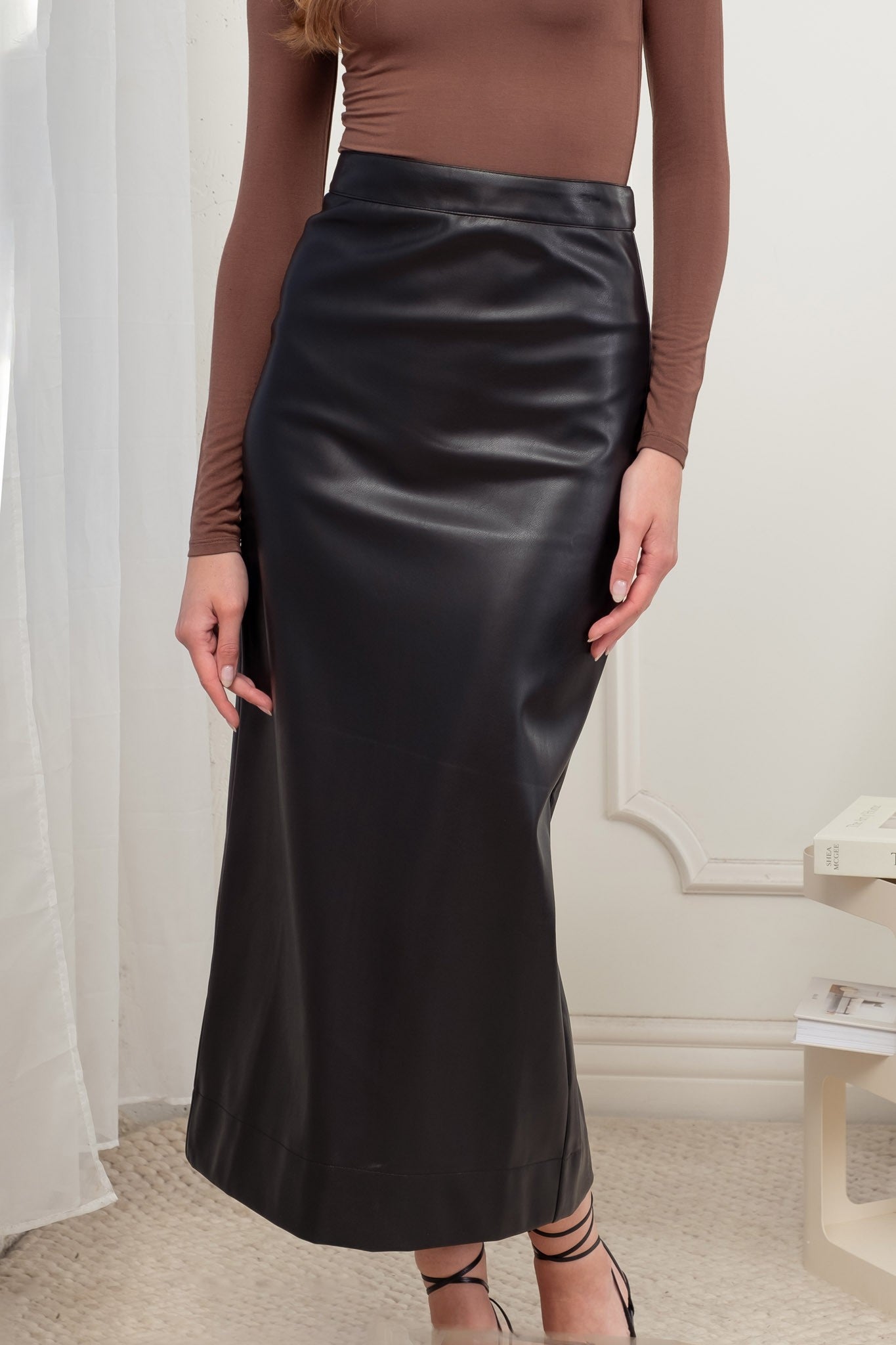 Faux Leather Back Slit Midi Skirt