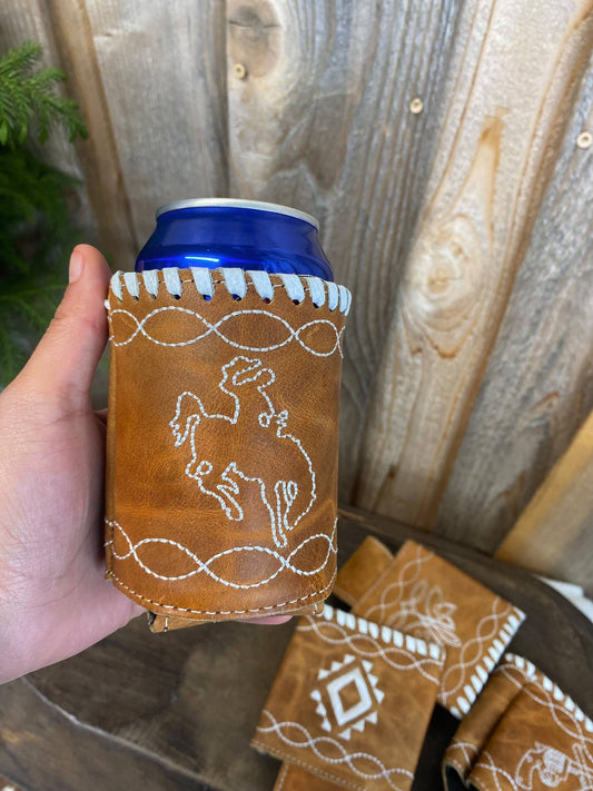 Tan Bucking Horse Leather Koozie 
