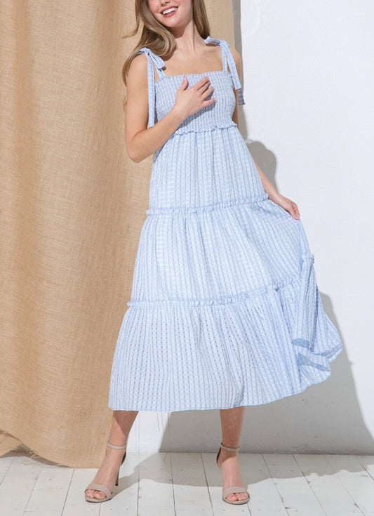 TIERED SMOCKING GINGHAM MIDI DRESS