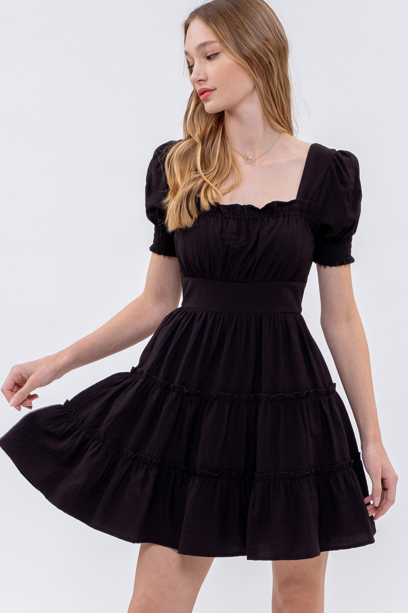 Square Neck Puff Sleeve Tiered Mini Dress