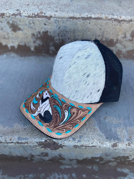 Cowhide Tooled Wolf Cap